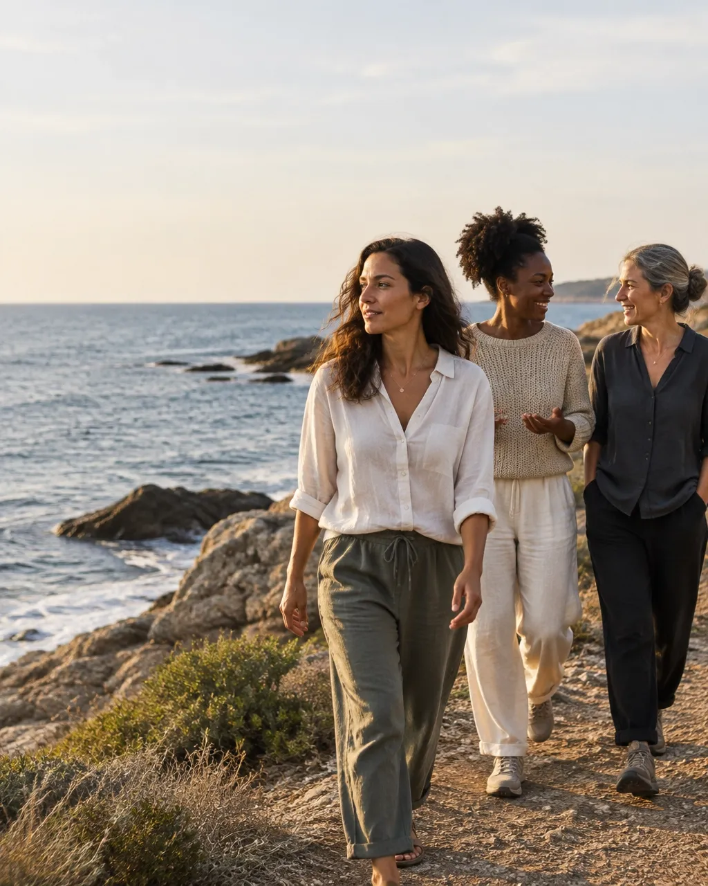 Three women walking together beside the coast in warm evening light